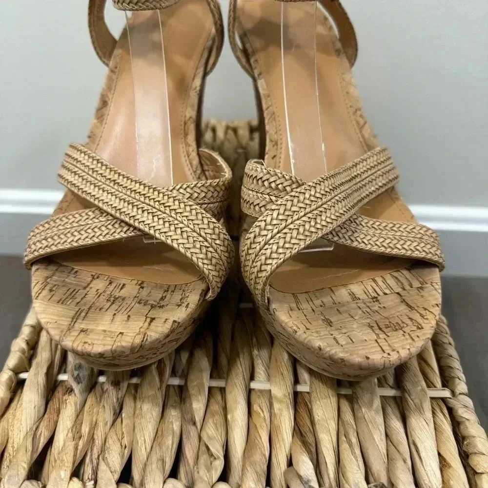 J. Crew Light Brown Braided Cork Wedge Heel Sandals 9.5